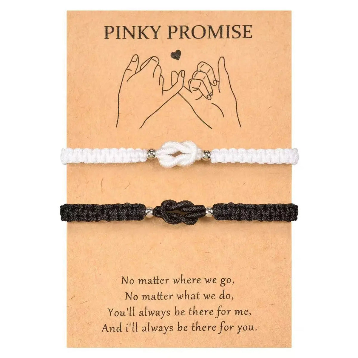 Two bracelets, one white and one black, featuring a love knot design.