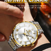 A close-up shot of a gold and silver luxury quartz wristwatch worn on a wrist, with text promoting infinite charm.