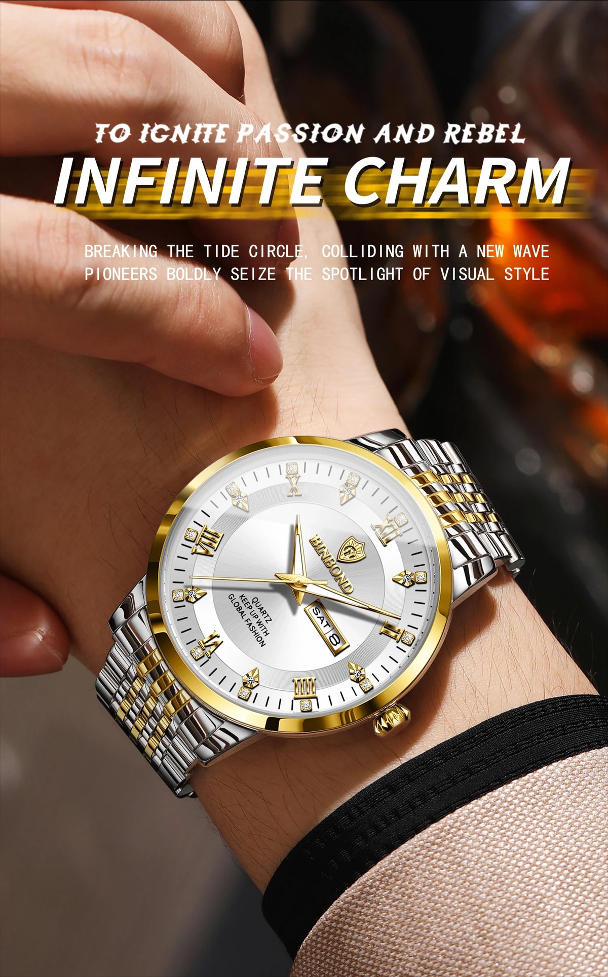 A close-up shot of a gold and silver luxury quartz wristwatch worn on a wrist, with text promoting infinite charm.