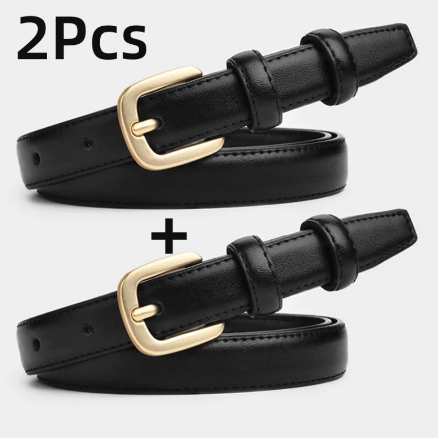 Two black double loop PU fashion belts with gold-toned buckles shown against a white background.