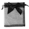 A black organza drawstring gift bag tied with a satin ribbon.