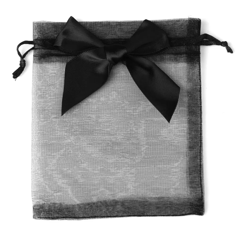 A black organza drawstring gift bag tied with a satin ribbon.