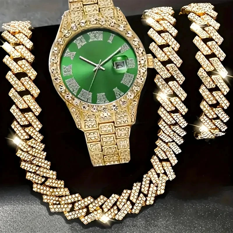 Gold bling wrist watch and hip hop chain necklace set displayed on a black background