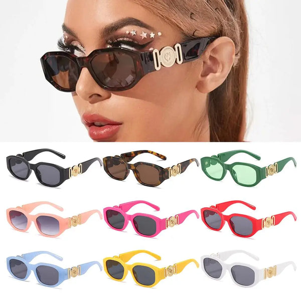 A collection of Y2K rose metal detail sunglasses in various colors including black, brown, green, pink, red, and yellow.
