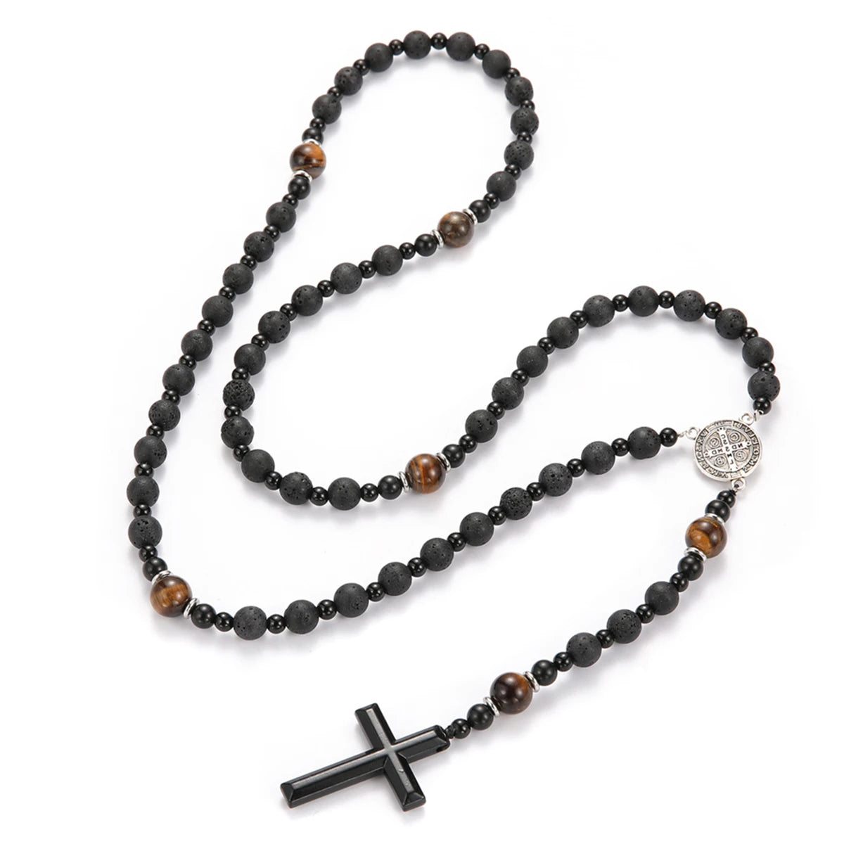 A black obsidian and tiger's eye beaded cross pendant necklace for men