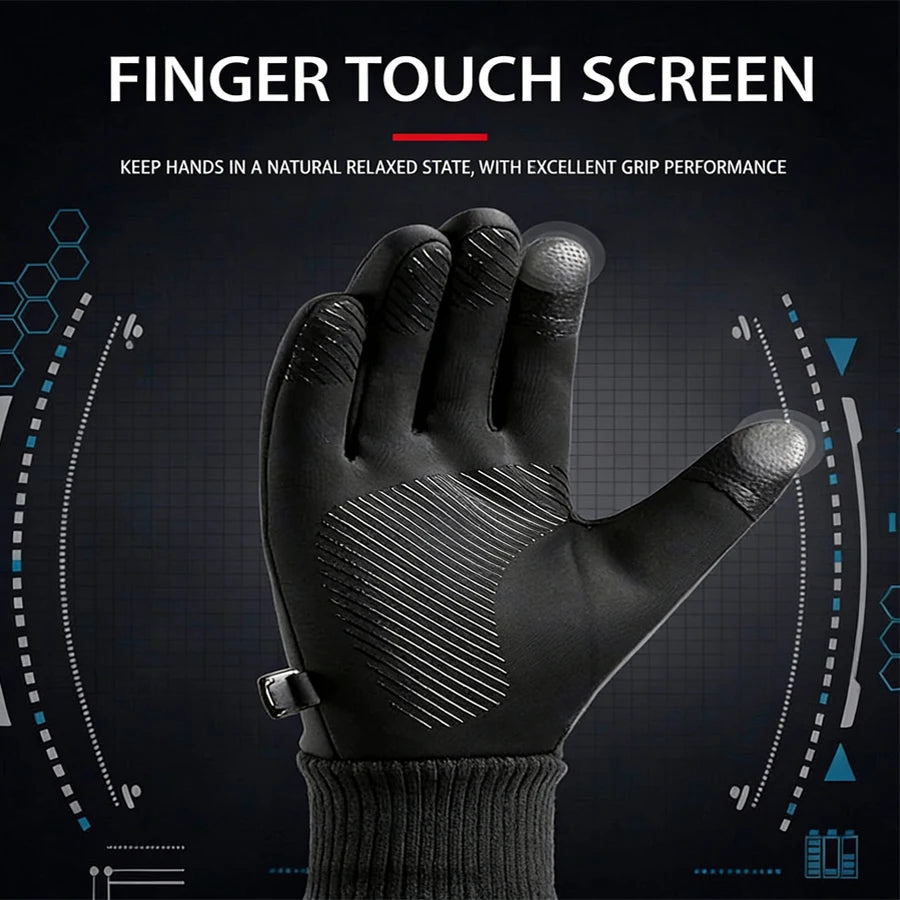 A close-up of a black finger touch screen glove being held, emphasizing grip performance.