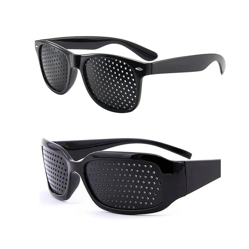 Black vision correction pinhole glasses with a perforated lens and black frame.
