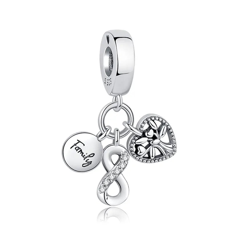 Silver charm featuring a family tree design and an infinity knot, suitable for jewelry.