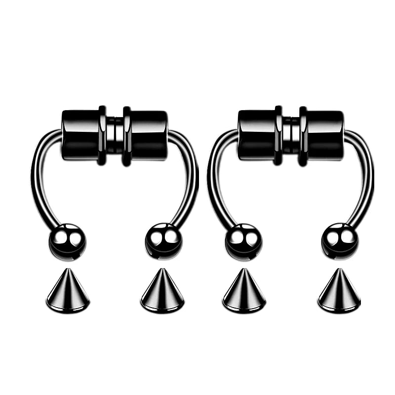 A set of black hoop nose rings and stud earrings for fashion statement jewelry