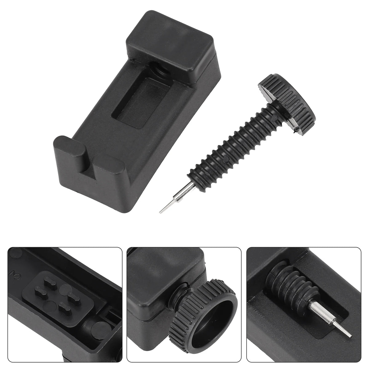 A black precision watch band link pin remover tool shown in various angles.