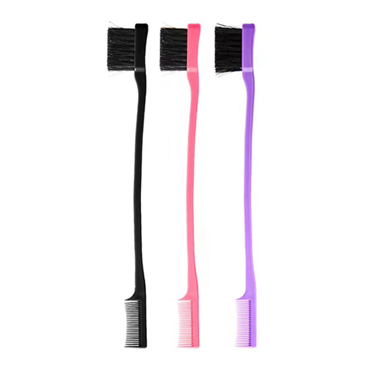 Drei professionelle doppelseitige Augenbrauenkämme in schwarz, pink und lila.