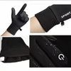 Black sports winter gloves shown in various angles including a hand view and close-up of the cuff.