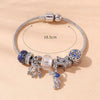 A silver beaded love bracelet set featuring various charms including a blue stone, a star, and other decorative elements.