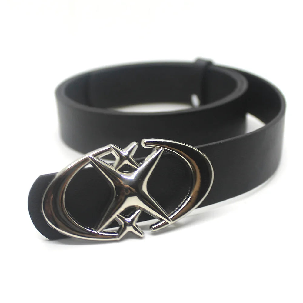 Black leather belt with a silver vintage gothic moon star buckle.