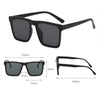 Black square frame sunglasses with black arms shown in multiple views