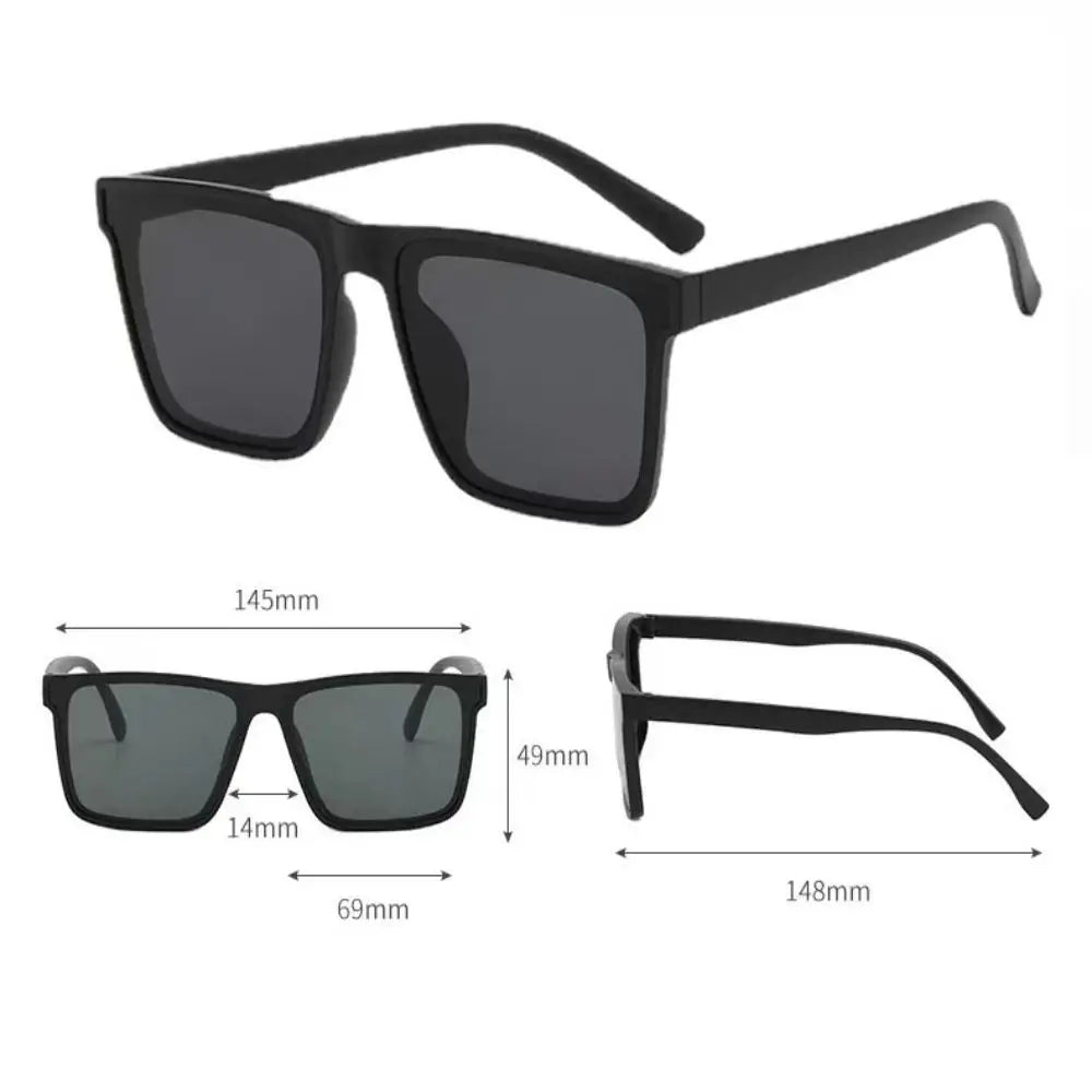 Black square frame sunglasses with black arms shown in multiple views