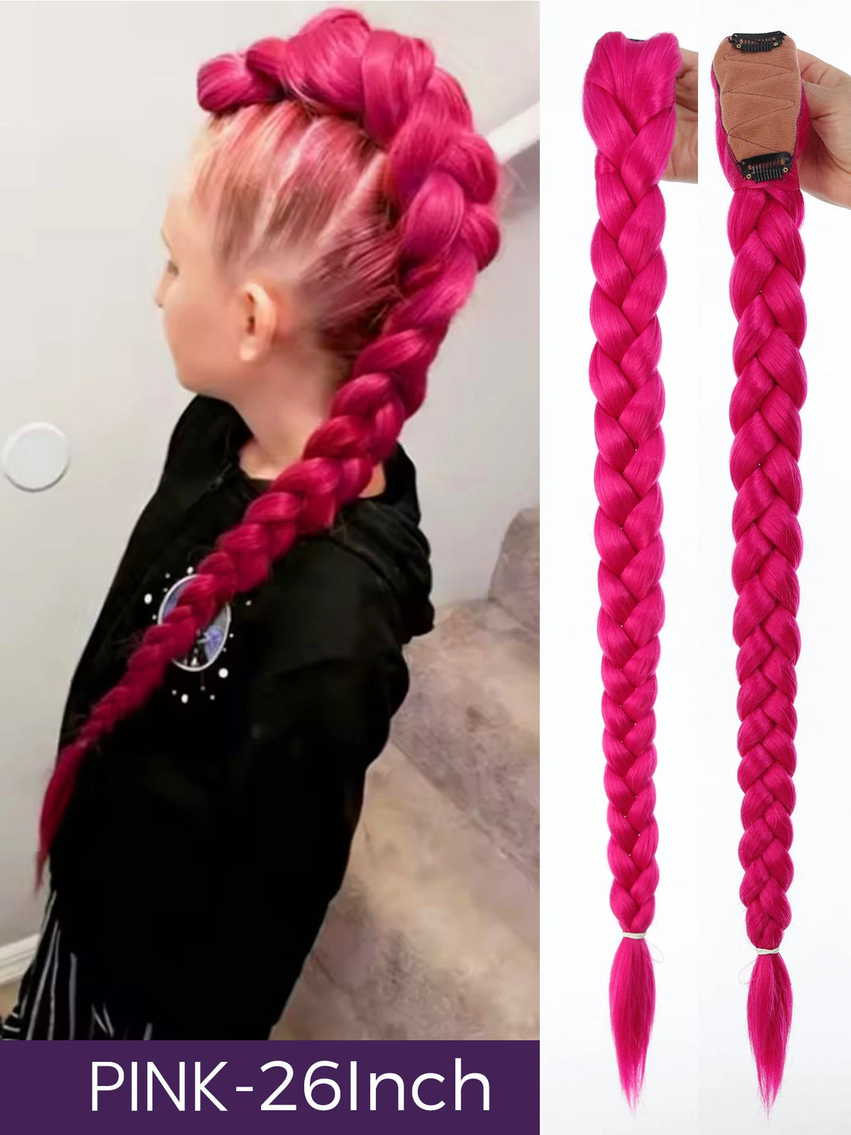 Pink 26 inch long synthetic braided ponytail for girls