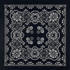 Black and white line art pattern of floral and scroll designs on a square fabric