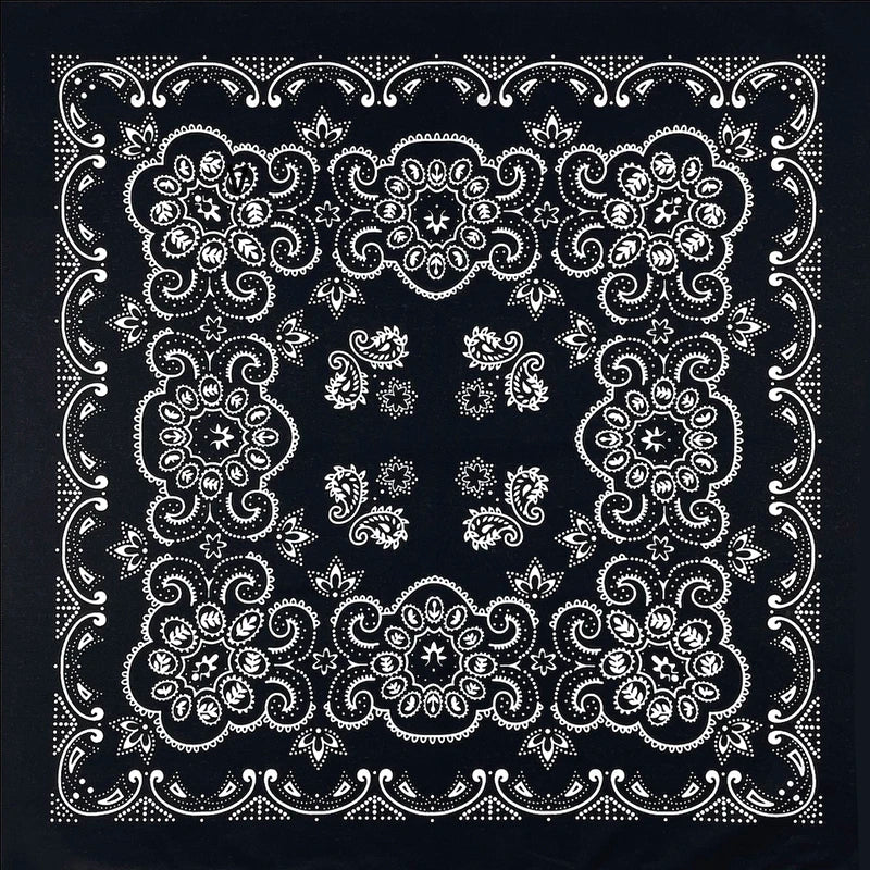 Black and white line art pattern of floral and scroll designs on a square fabric