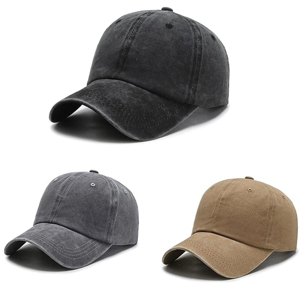 Two casual baseball caps in dark gray and tan colors shown from the side.