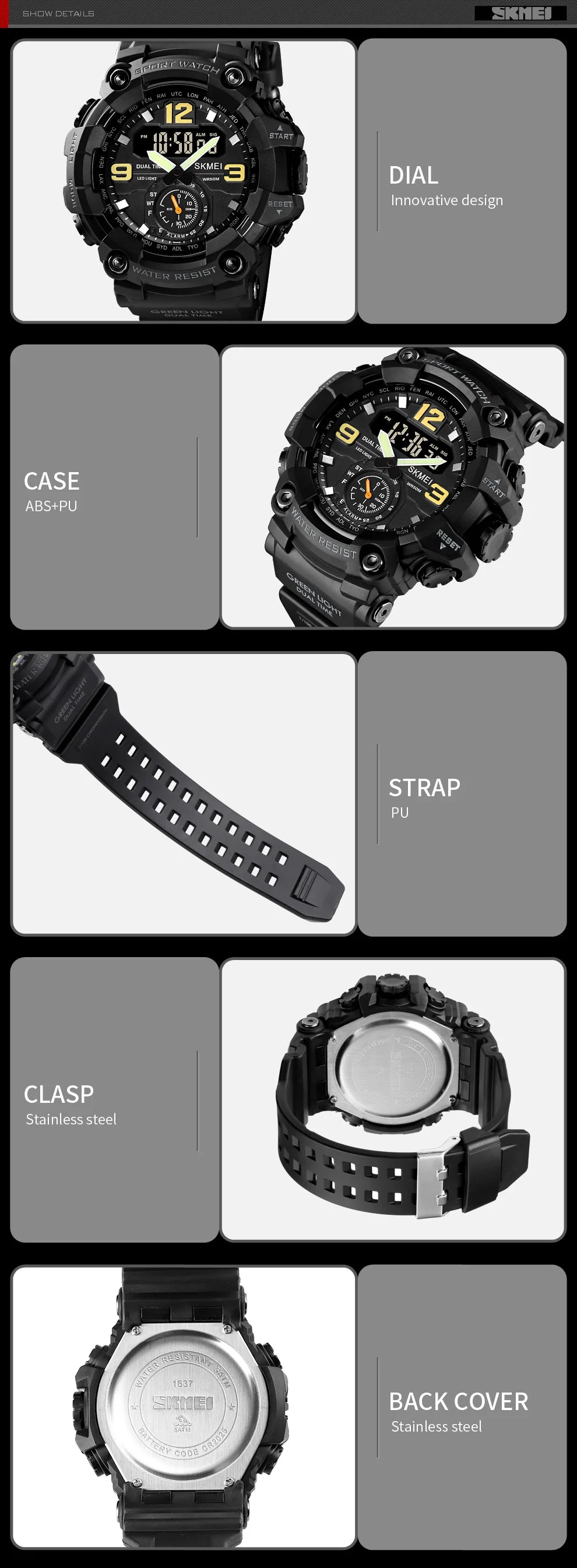 Montre de sport numérique noire pour homme, montrant différents angles : boîtier, bracelet, boucle et fond de cadran.