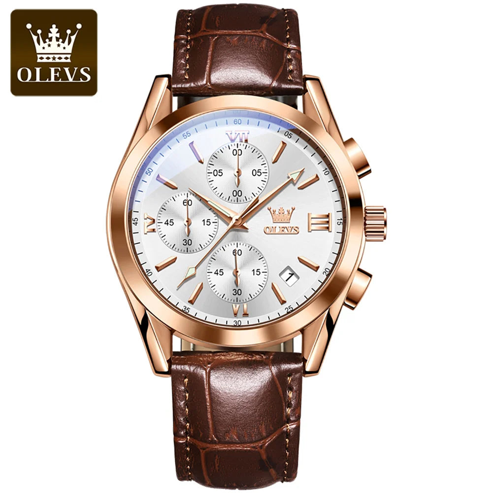 A rose gold chronograph wristwatch with a brown leather strap and a silver dial.