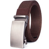 A close-up view of a brown tactical canvas utility belt with a metal buckle.