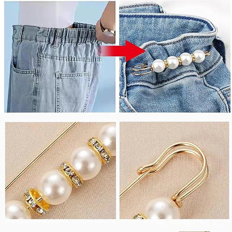 Close-up of pearl brooch pins used to customize denim fabric with gold-toned findings.