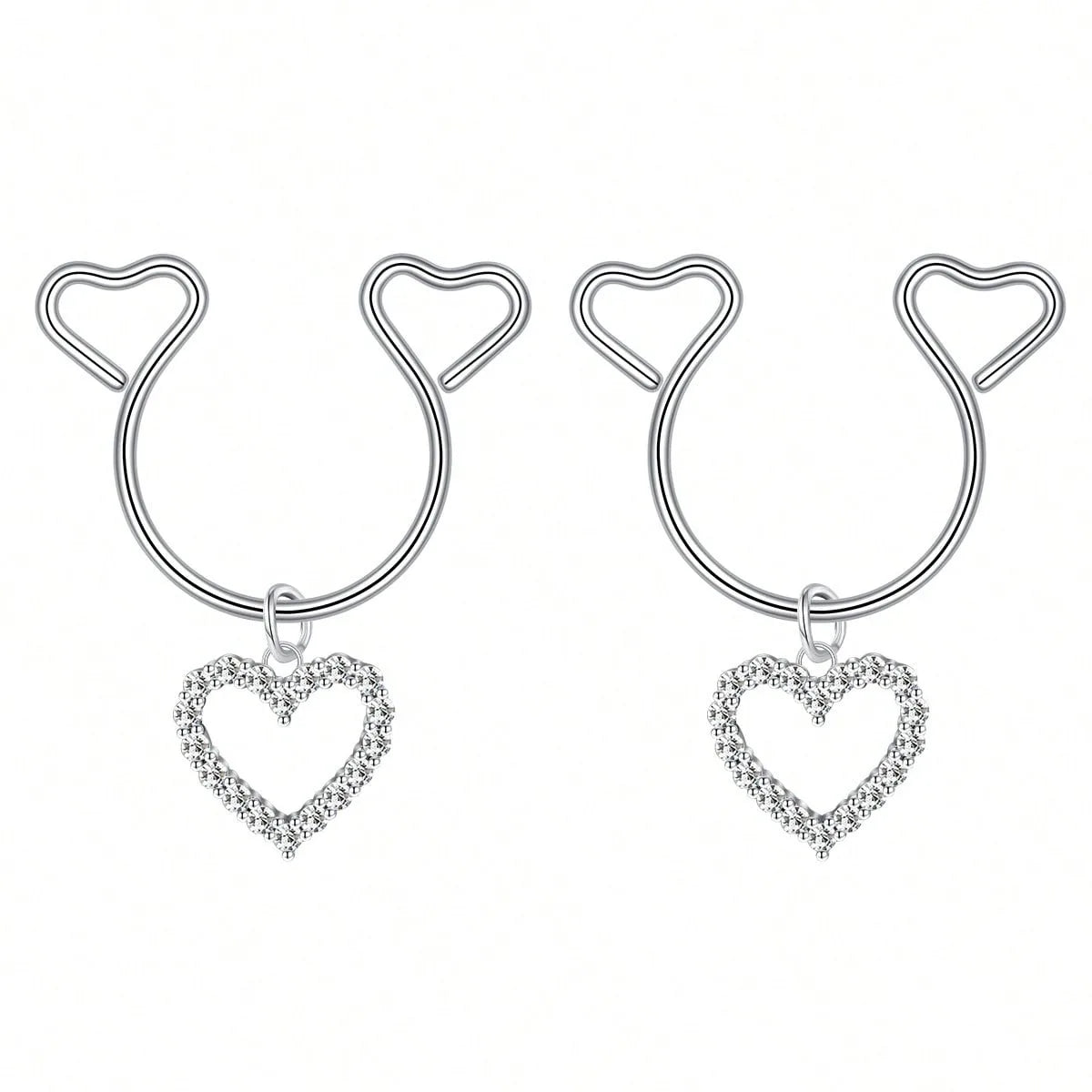 A pair of silver heart dangle non-piercing nipple rings adorned with cubic zirconia stones.
