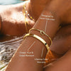 Close-up of a person wearing 14K gold plated chunky cuff bangles on their wrist, highlighting the product's durability.