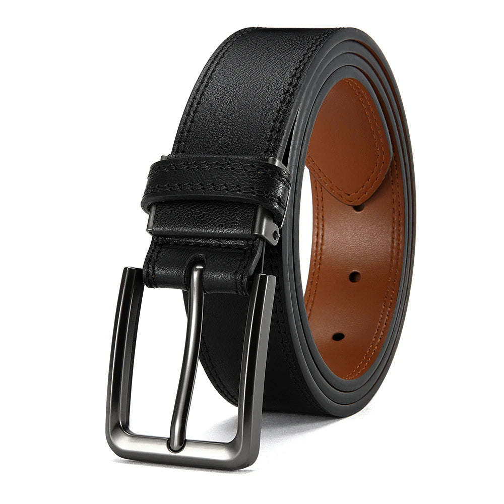 A black leather belt with a brown leather strap and a silver automatic buckle.