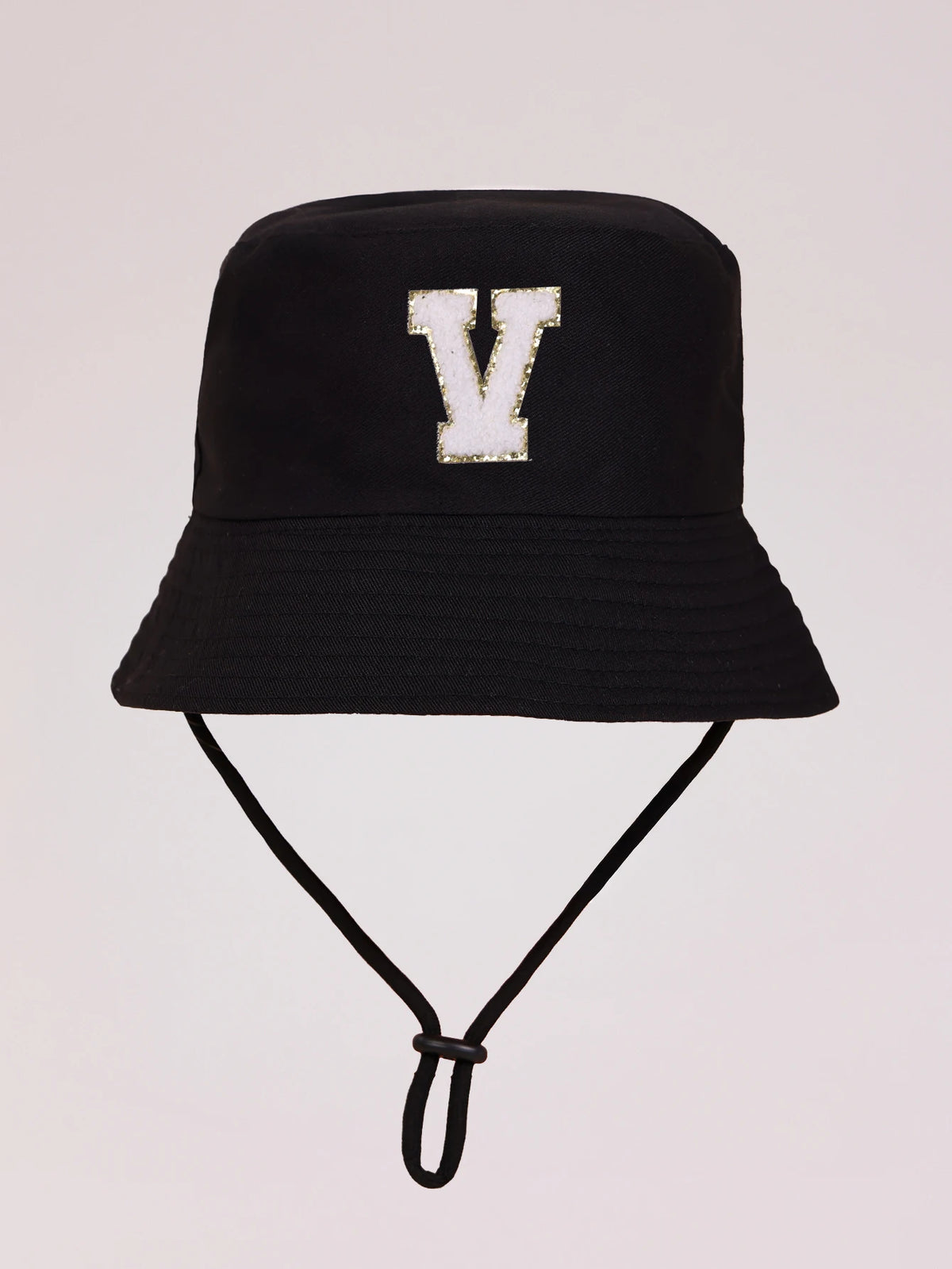 Black sun hat with a gold letter V embroidered on the front and an adjustable cord.