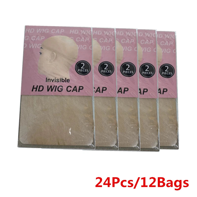 A package of 24 invisible HD wig caps for natural hair, packaged in 12 bags.