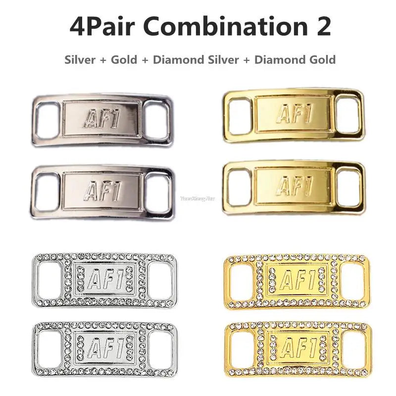 Four pairs of silver and gold diamond shoe charms and laces for combination jewelry