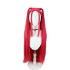 A display of long red hair wigs with braids and a black necklace on a white mannequin.