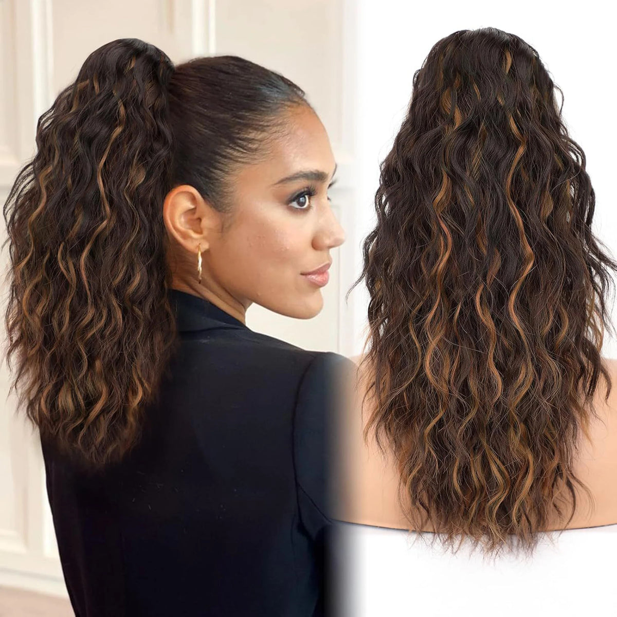 Gros plan d'une femme aux longs cheveux bruns volumineux, coiffés en boucles, montrant des extensions de cheveux clip-in.
