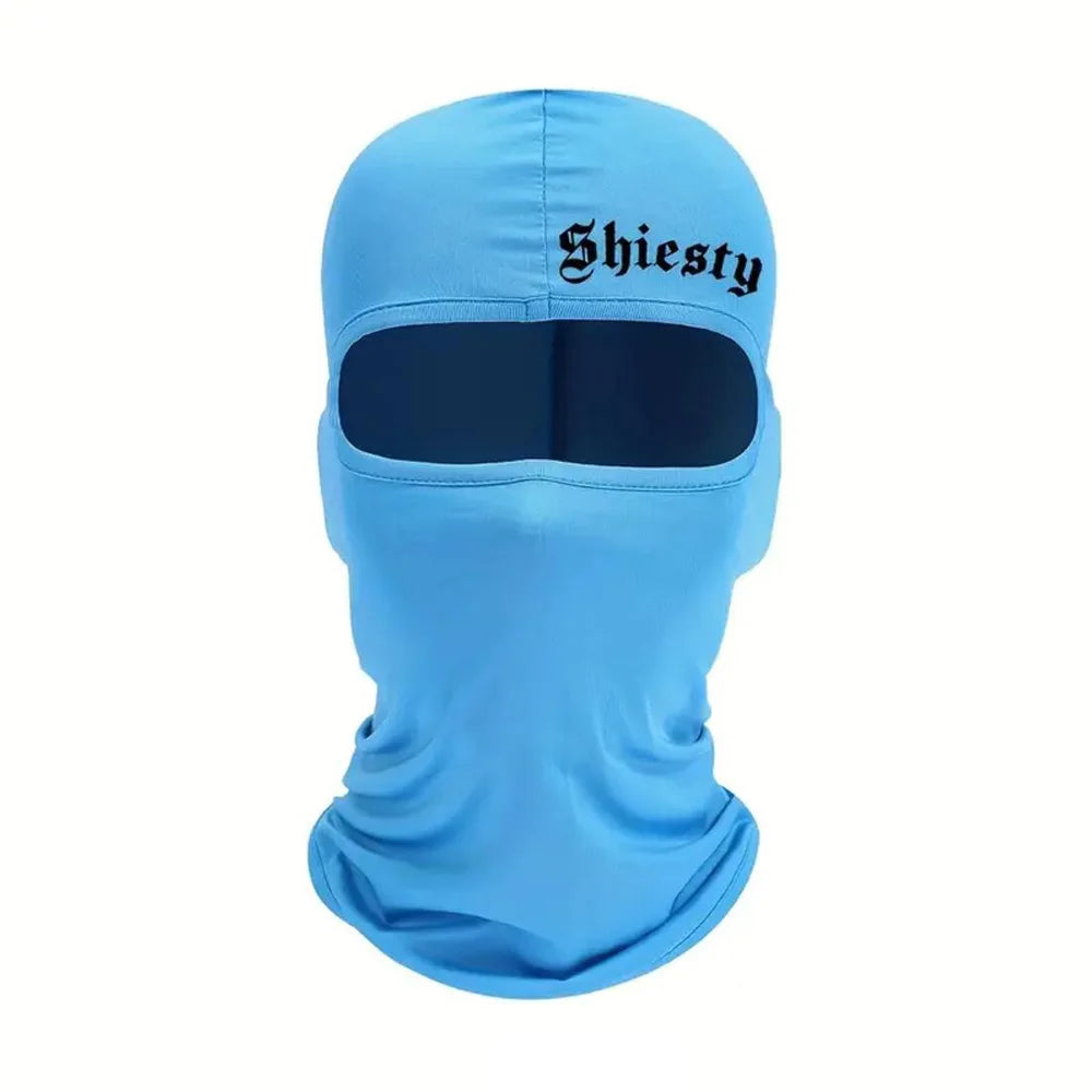 Balaclava facial light blue with 'Shiesty' printed on the forehead