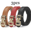 Three brown, red, and black PU buckle belts are displayed, showing different leather textures.