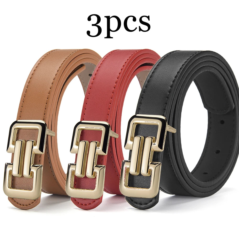 Three brown, red, and black PU buckle belts are displayed, showing different leather textures.