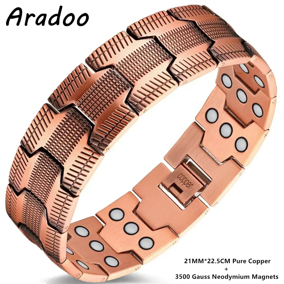 A copper magnetic bracelet with a textured design and round magnetic studs on a wrist.