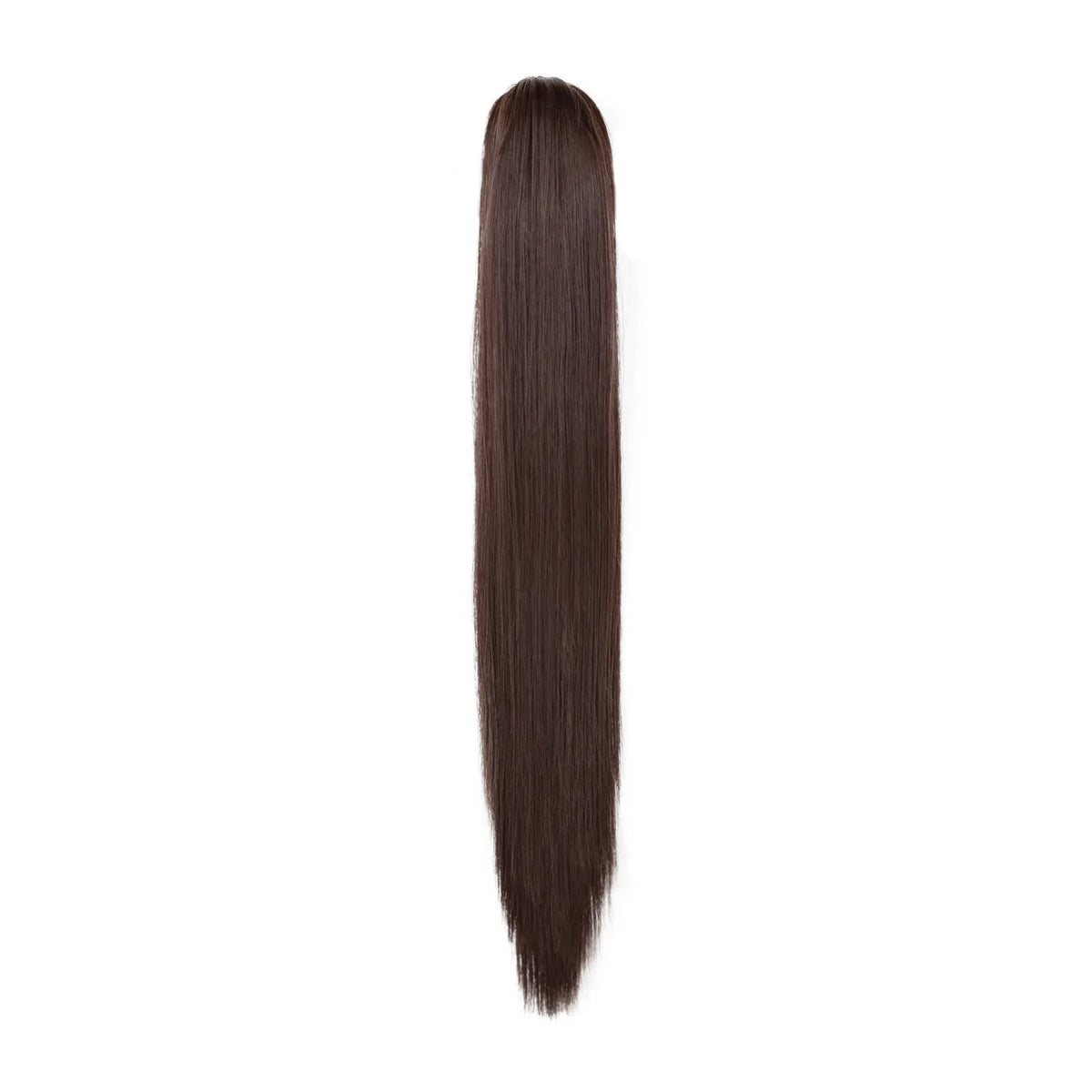 A long, straight, dark brown hair extension suitable for a ponytail.