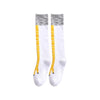 Pair of white socks with gray cuff and yellow accents featuring a funny 3D chicken print.