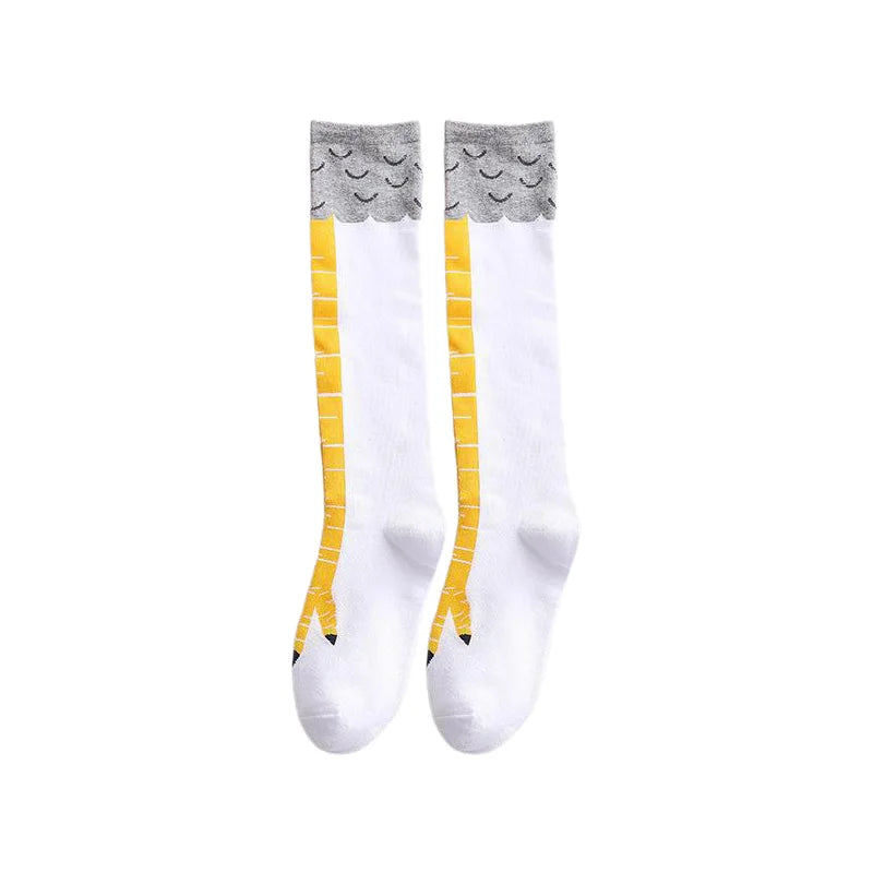 Pair of white socks with gray cuff and yellow accents featuring a funny 3D chicken print.