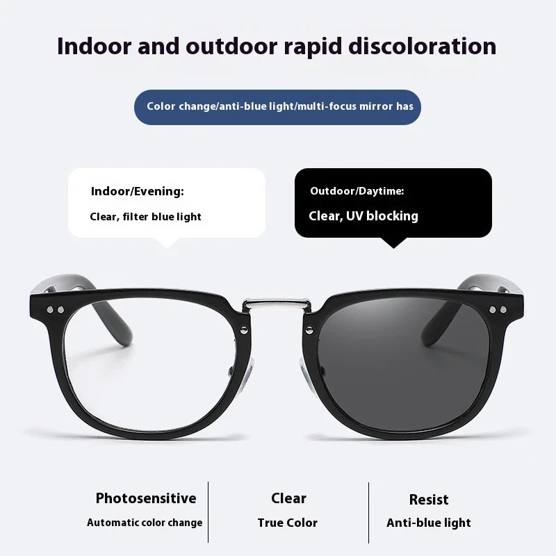 A pair of black multifocal reading glasses shown with features for color change, UV blocking, and true color.