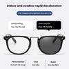 A pair of black multifocal reading glasses shown with features for color change, UV blocking, and true color.