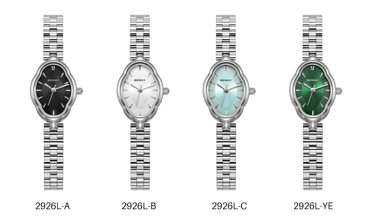 Un set de quatre montres-bracelets en quartz en acier inoxydable aux finitions noir, argent, bleu clair et vert.
