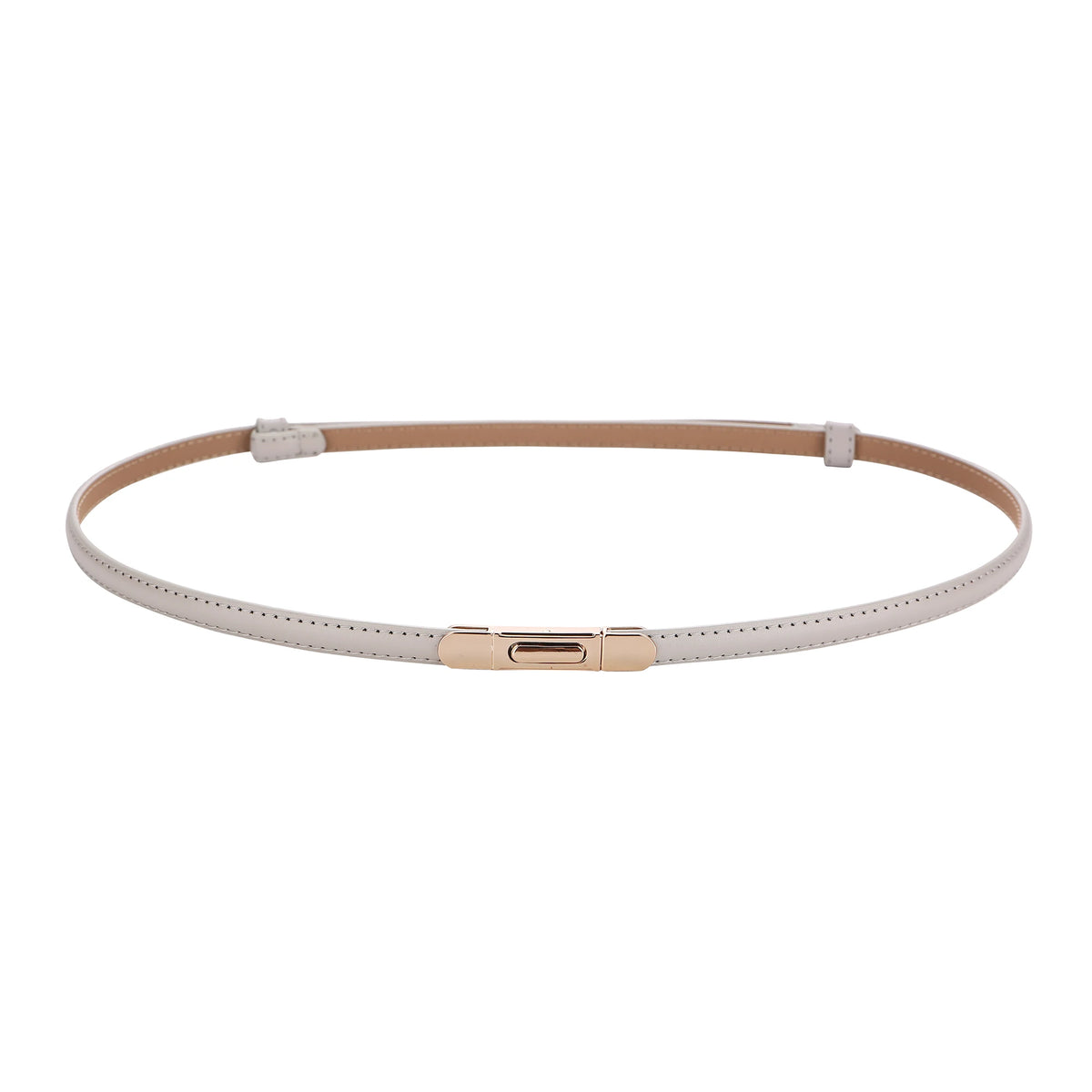 A skinny leather belt with a gold buckle and light beige stitching.