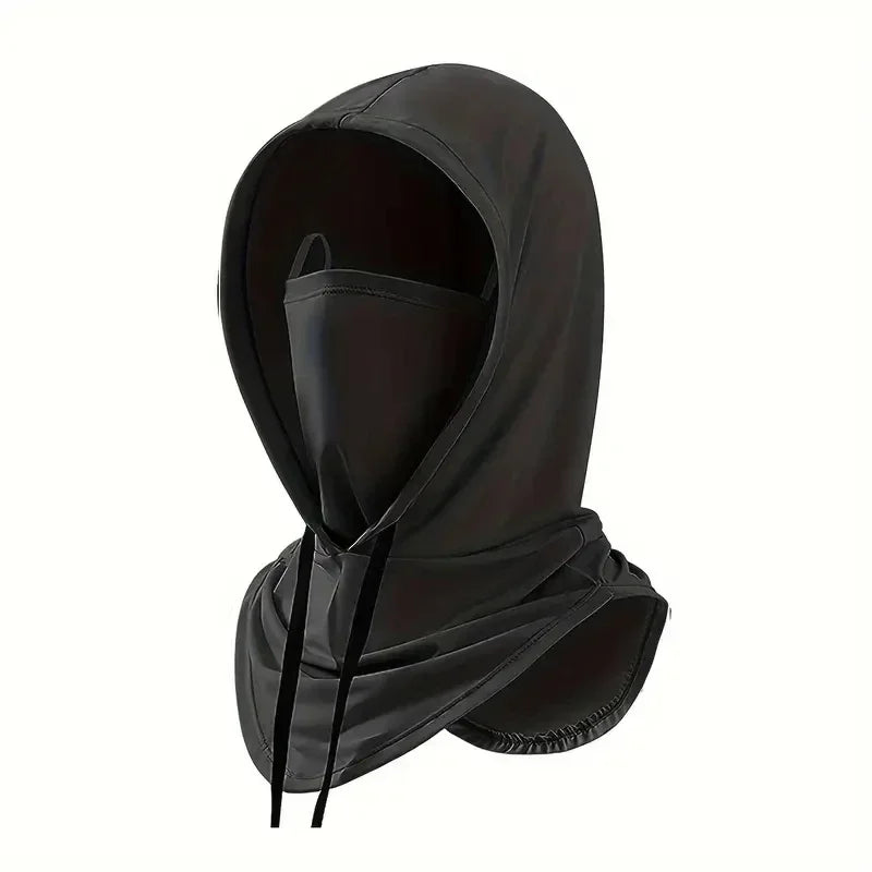 Black lightweight sun protection hood with drawstring details