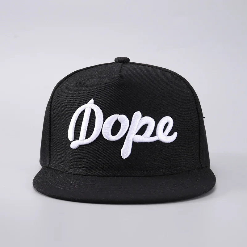 Black baseball cap with white text spelling out Dope
