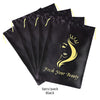 Five black satin drawstring bags for storing wig and hair extensions with a gold crown design